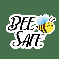 Bee Safe logo with cartoon bee and white text on green background