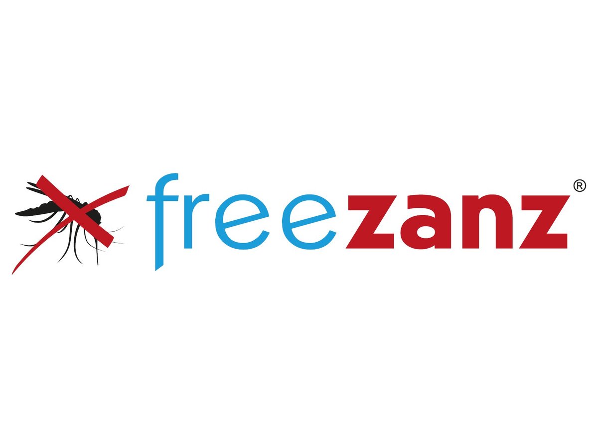 Logo Freezanz con zanzara barrata rossa e scritta blu e rossa su fondo bianco