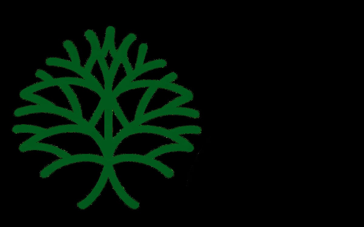Logo botanico di NG Giardini, albero stilizzato verde su fondo nero