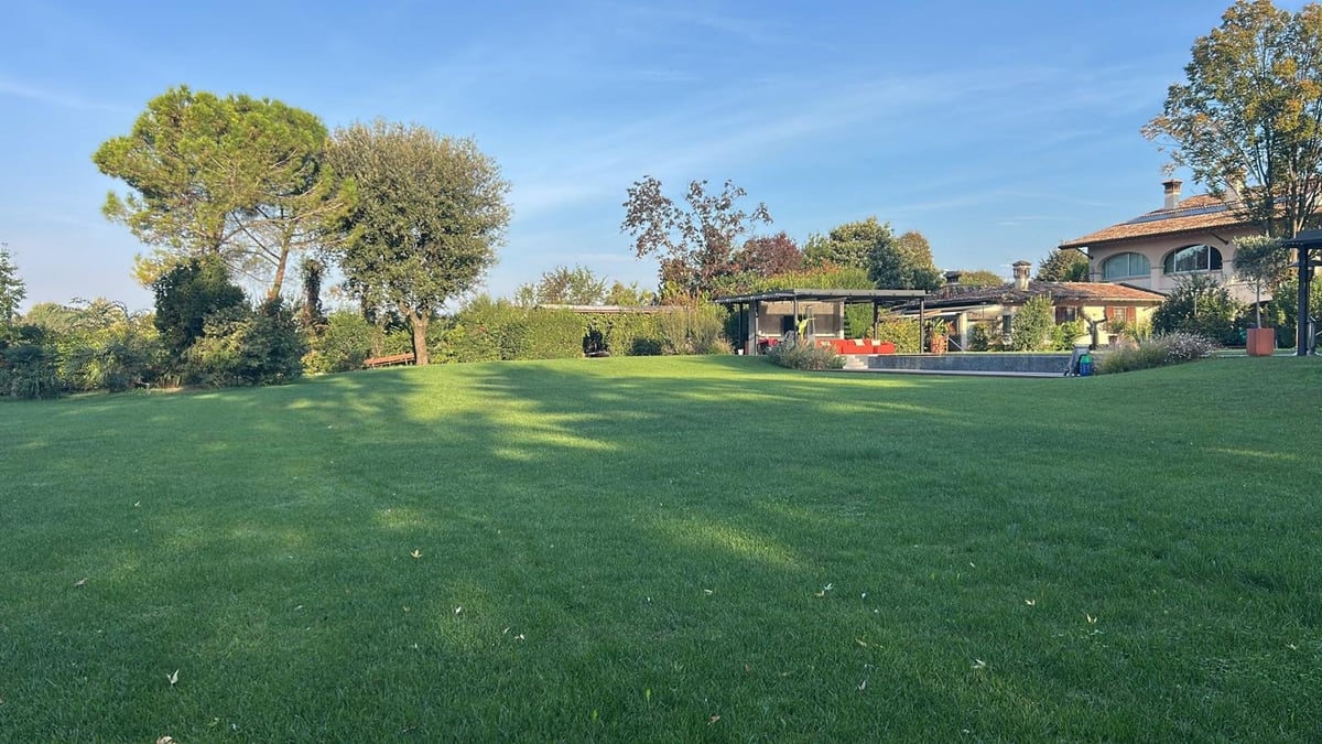Ampio prato verde con alberi secolari e edifici in pietra rustici sotto il cielo azzurro