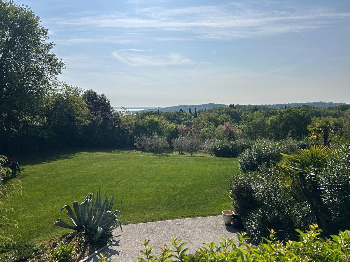 Giardino spazioso con prato curato, piante tropicali e vista sulla campagna