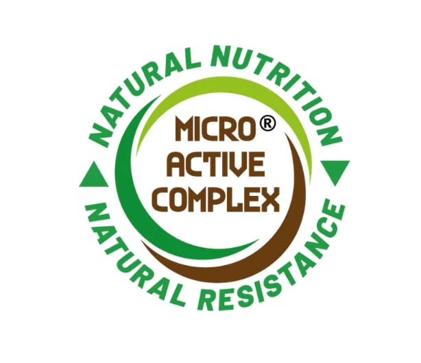 Logo for Micro Active Complex featuring circular green and brown design with text emphasizing natural nutrition and resistance